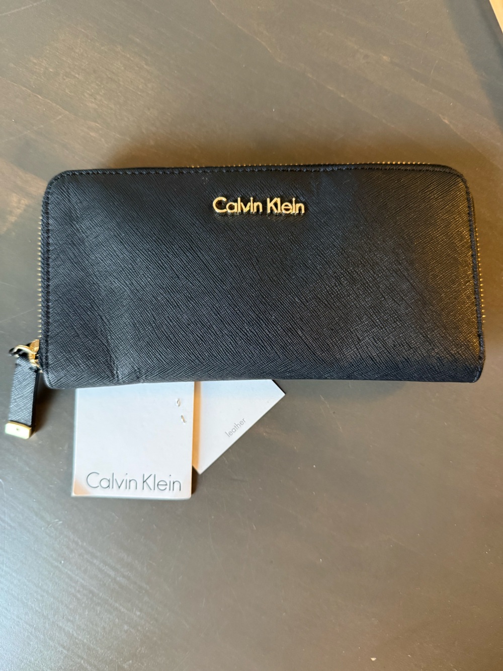 Calvin Klein Black Zip-Around Leather Wallet with Gold Logo